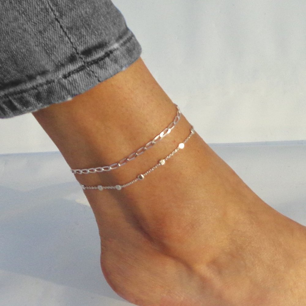 Sterling Silver Anklets Real Silver Ankle Bracelets Set of 2 Stamped 925